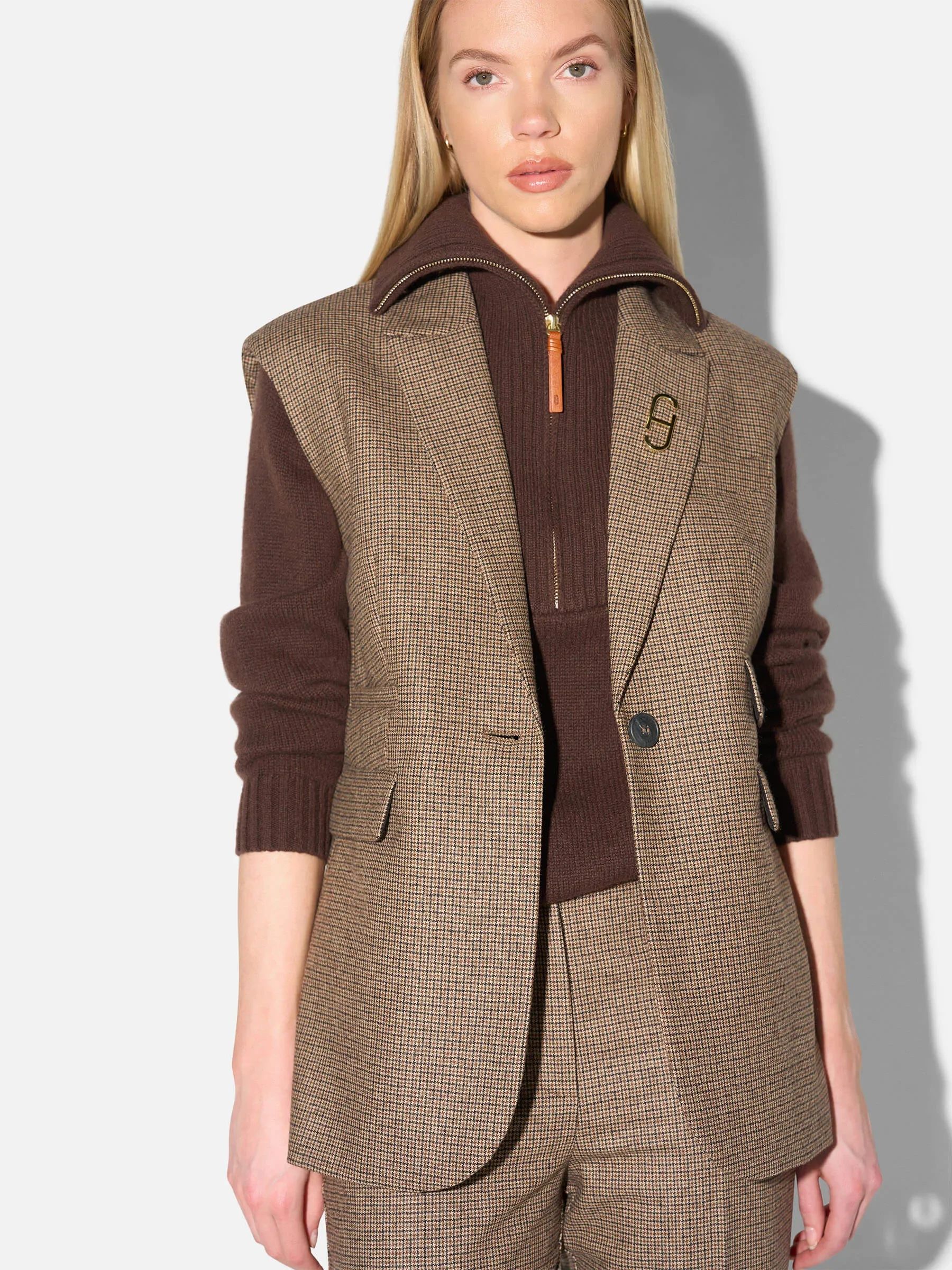Blazer Vest Dames Bruin Kleine Ruit Marvin