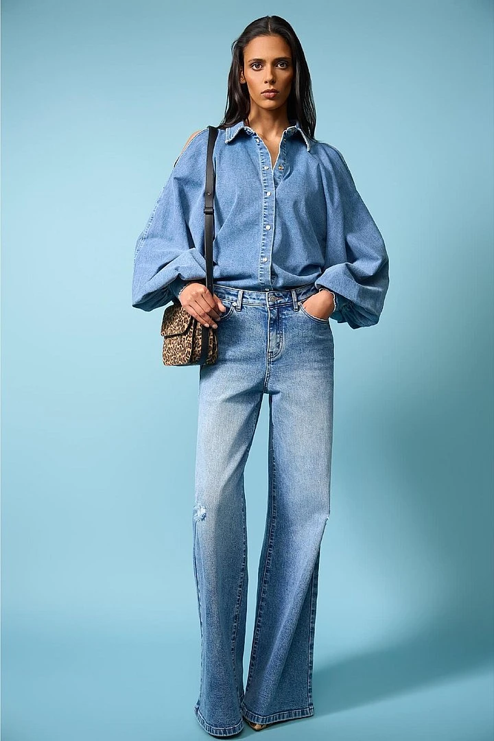 Jeans Dames Wijde Pijp Mid Rise Stretch Cash Blauw 379