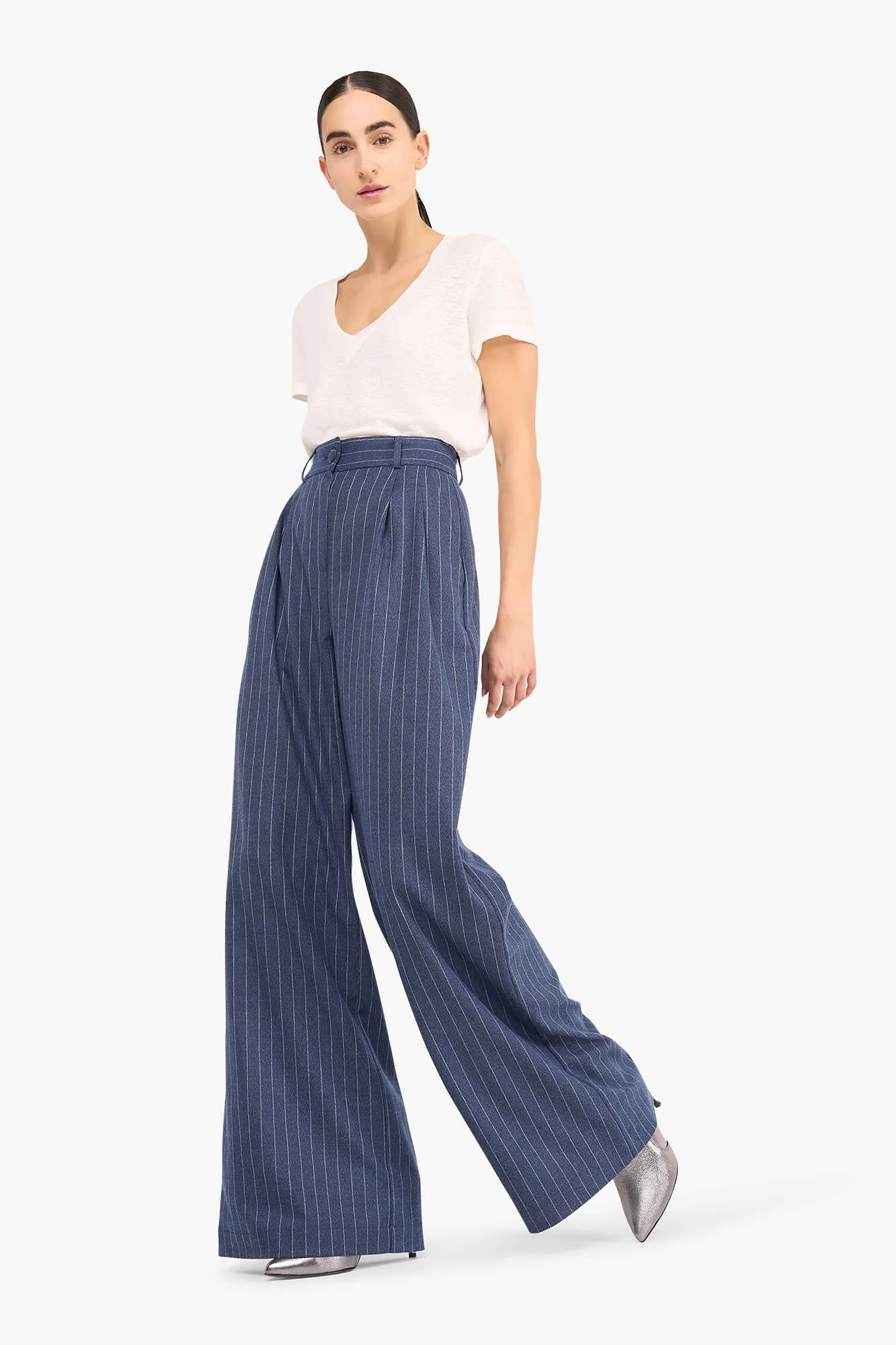Broek Dames Wijde Pijp Streep Dollar Blauw