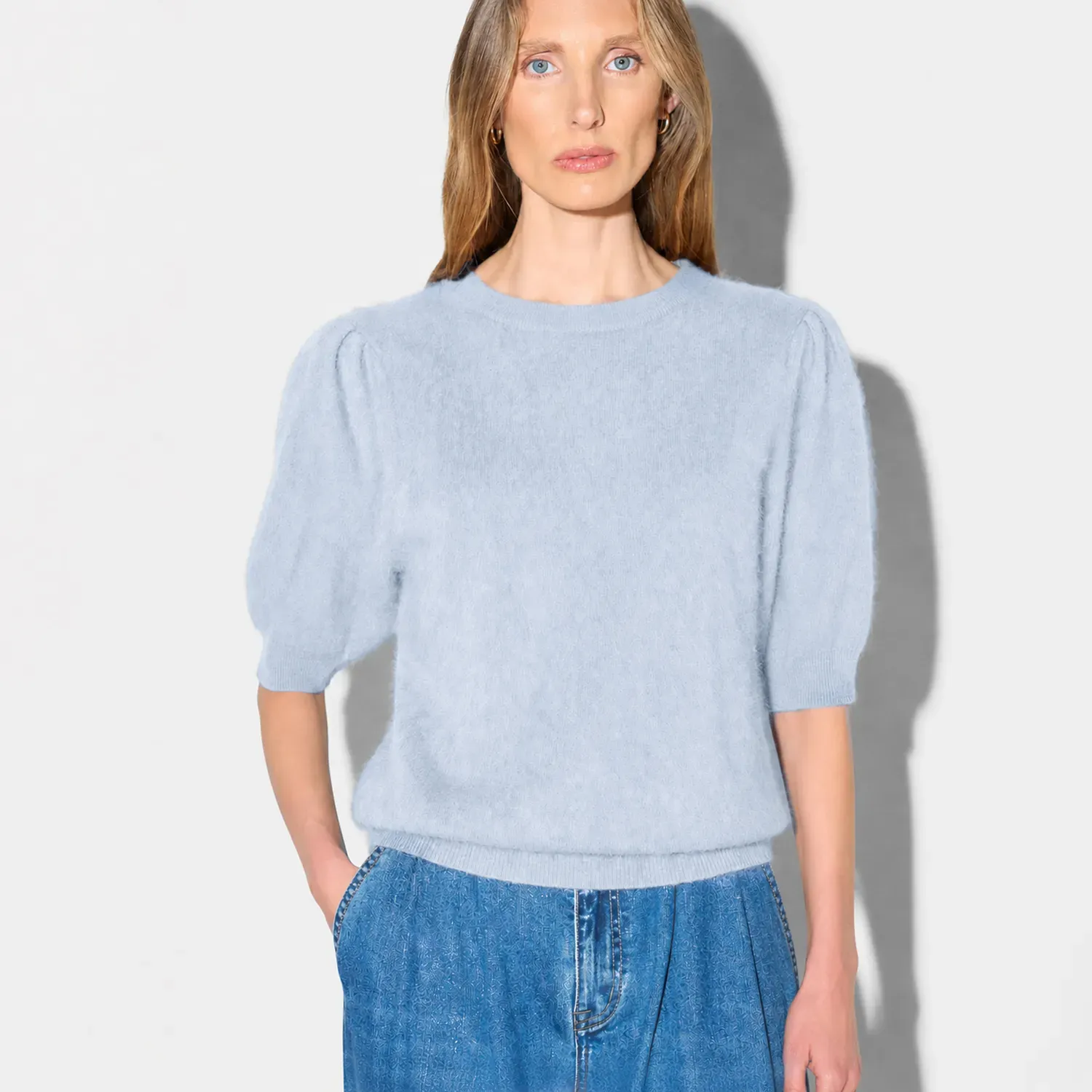 Dames Trui Ronde Hals Pofmouw Gebrushed Merino Wol Peyton Licht Blauw