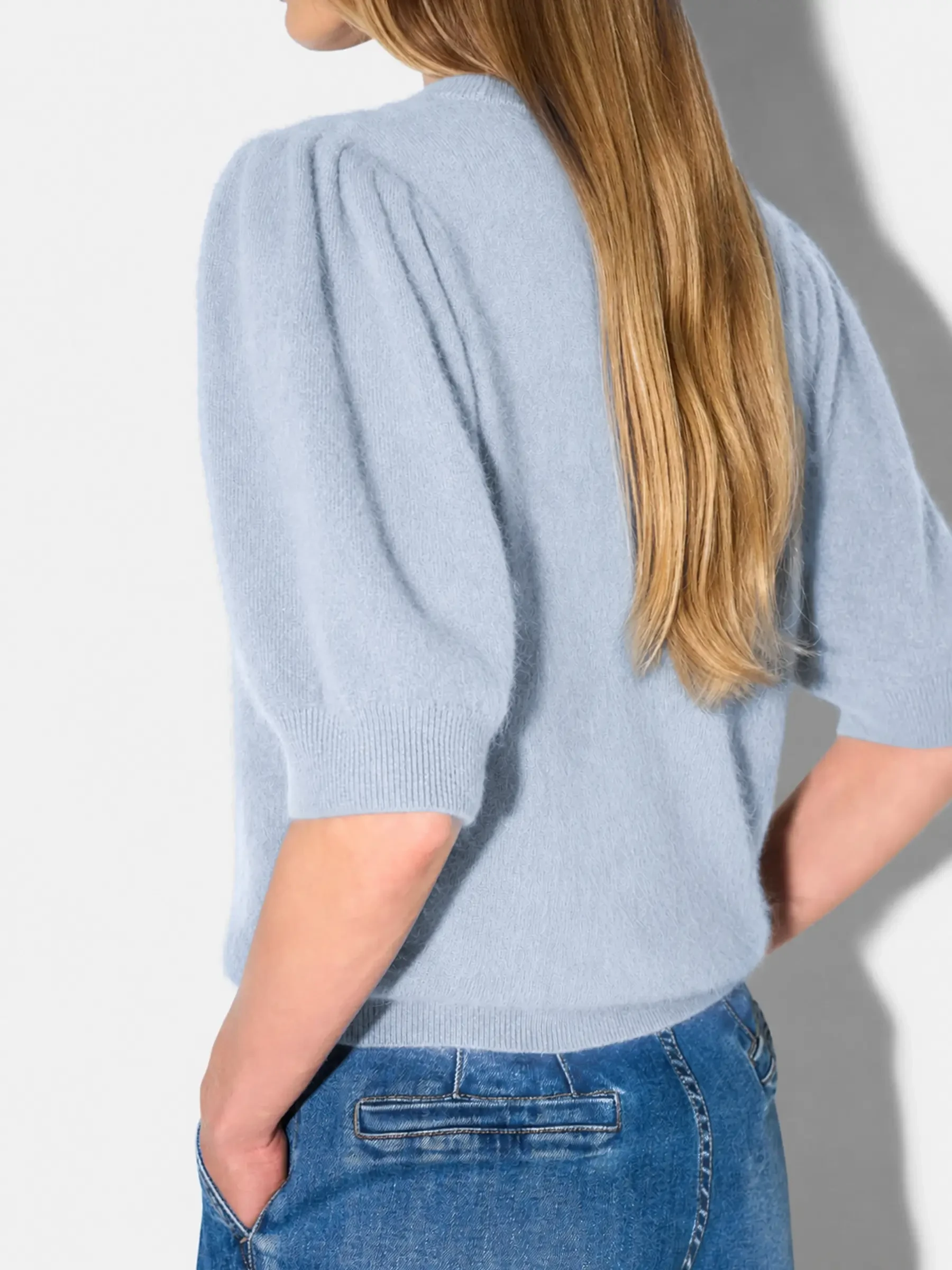 Dames Trui Ronde Hals Pofmouw Gebrushed Merino Wol Peyton Licht Blauw
