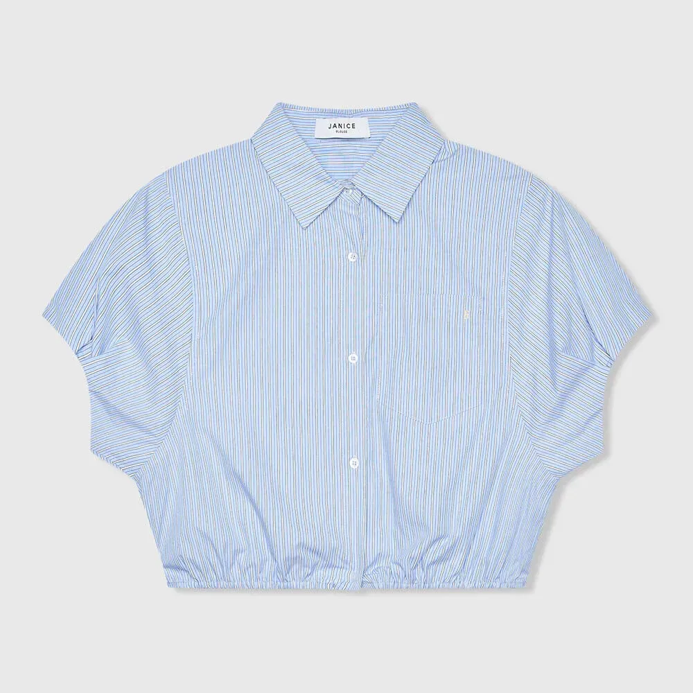 Katoenen Dames Blouse Korte Mouw Gestreept Cross Blauw