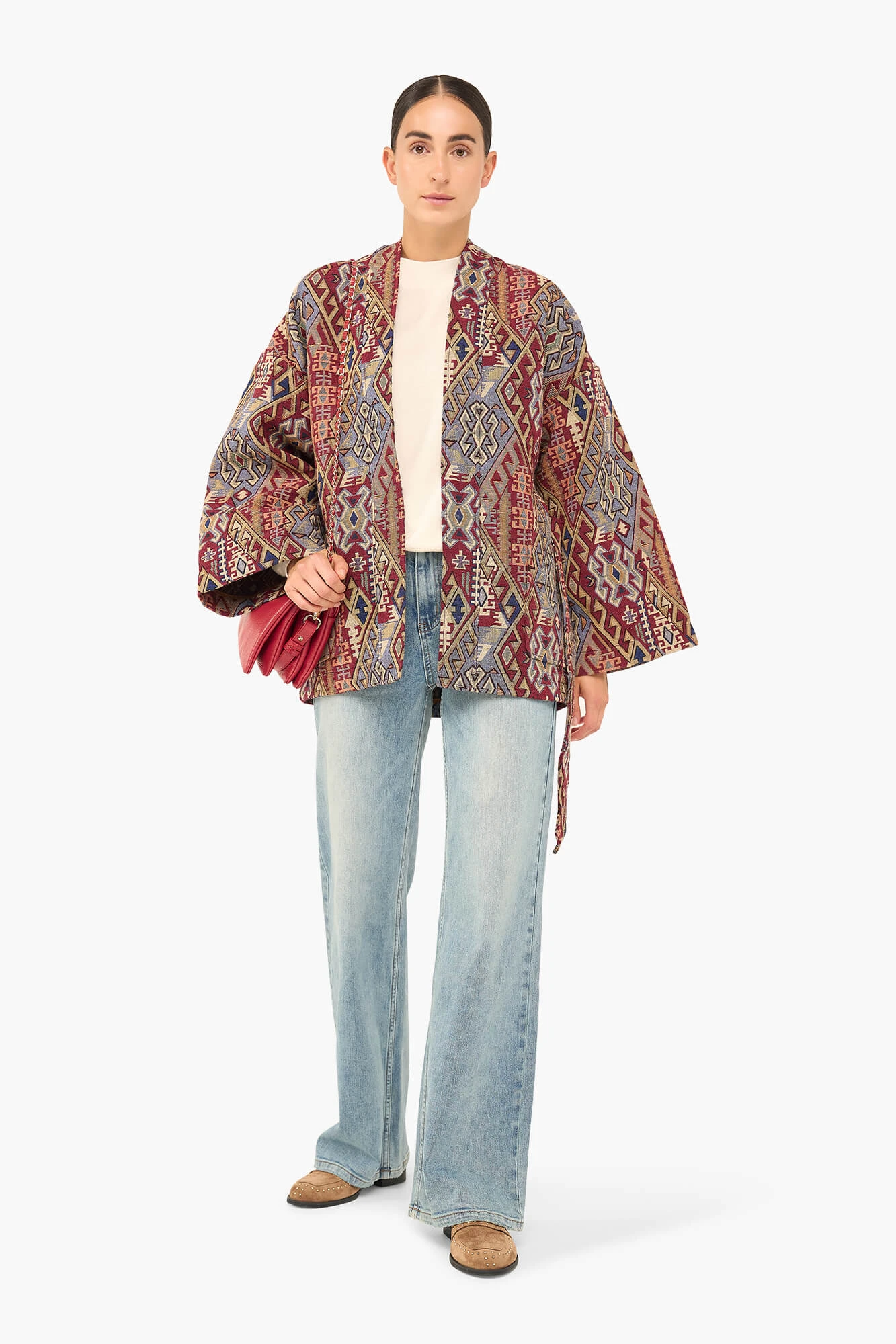 Kimono Dames Jacquard Preston Aztec Rood