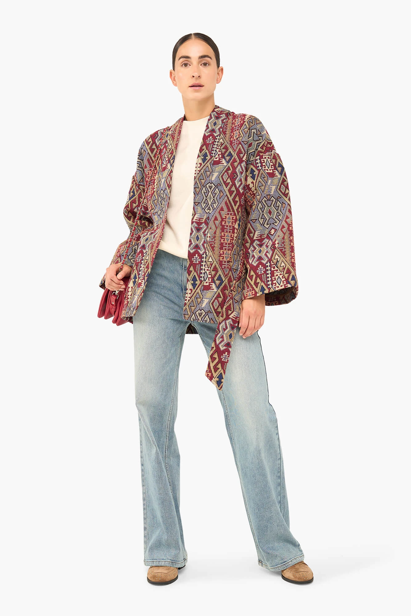 Kimono Dames Jacquard Preston Aztec Rood