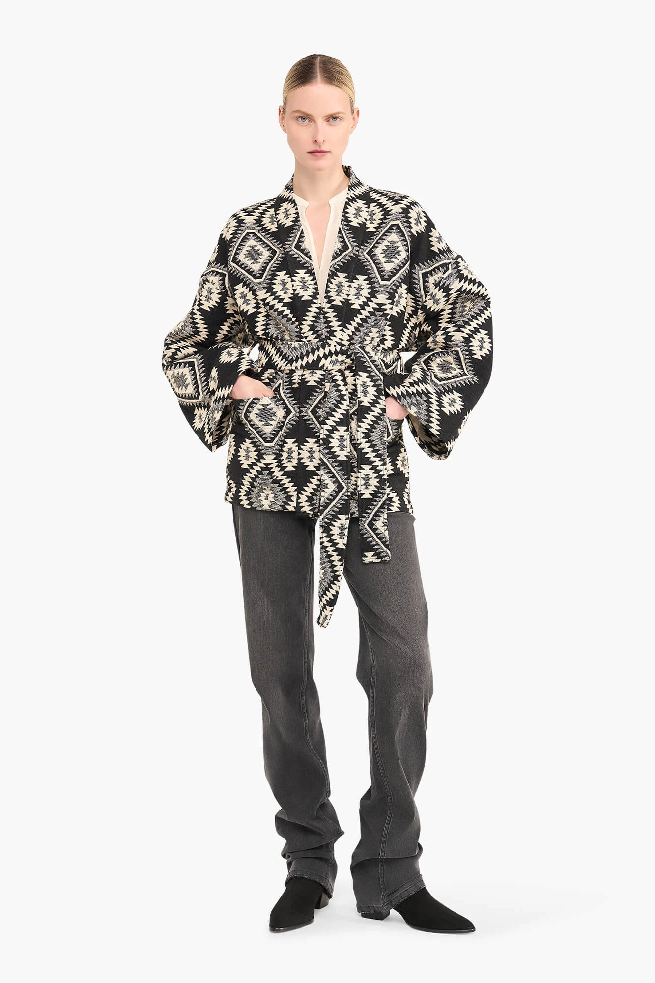 Kimono Dames Jacquard Preston Aztec Zwart