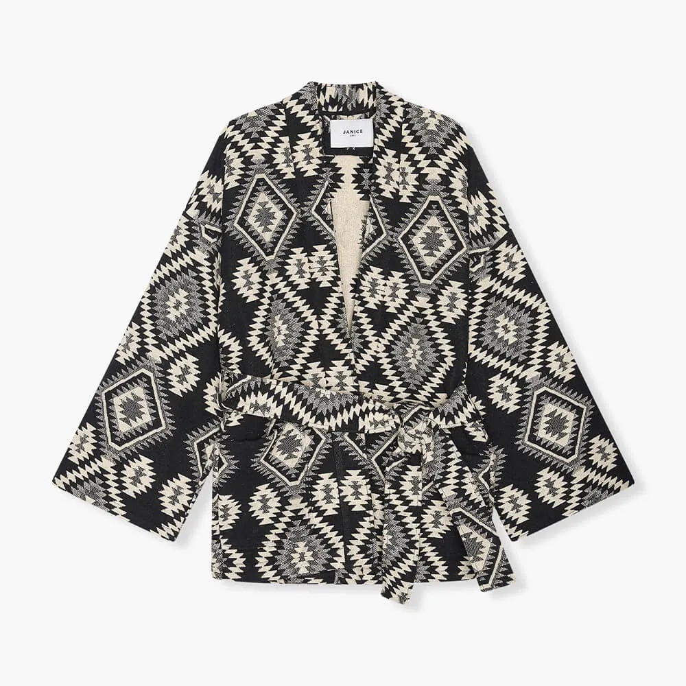 Kimono Dames Jacquard Preston Aztec Zwart