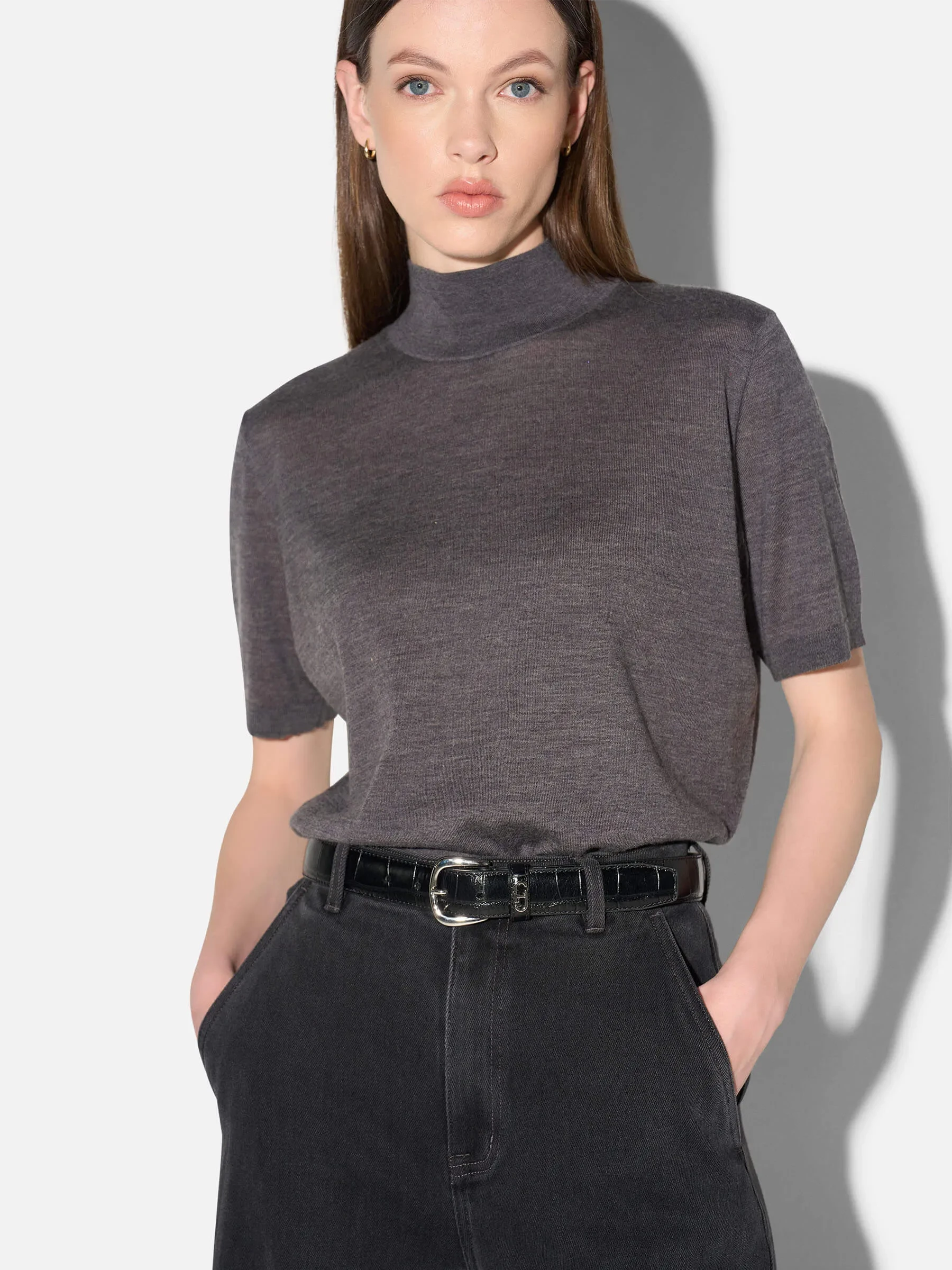 Merino Wollen Coltruitje Korte Mouw Knight Grijs