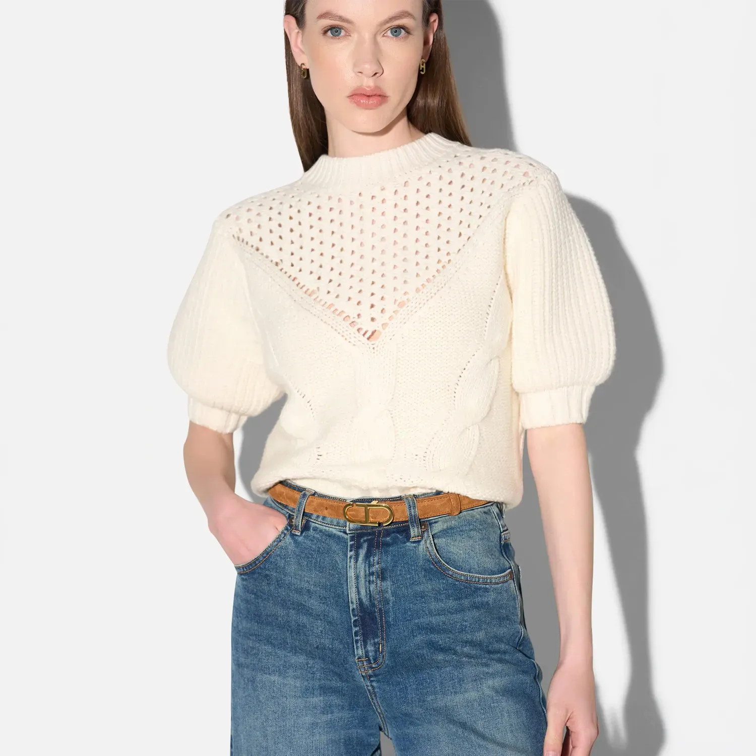 Merino Wollen Kabel Trui Pof Mouw Nexo Off White