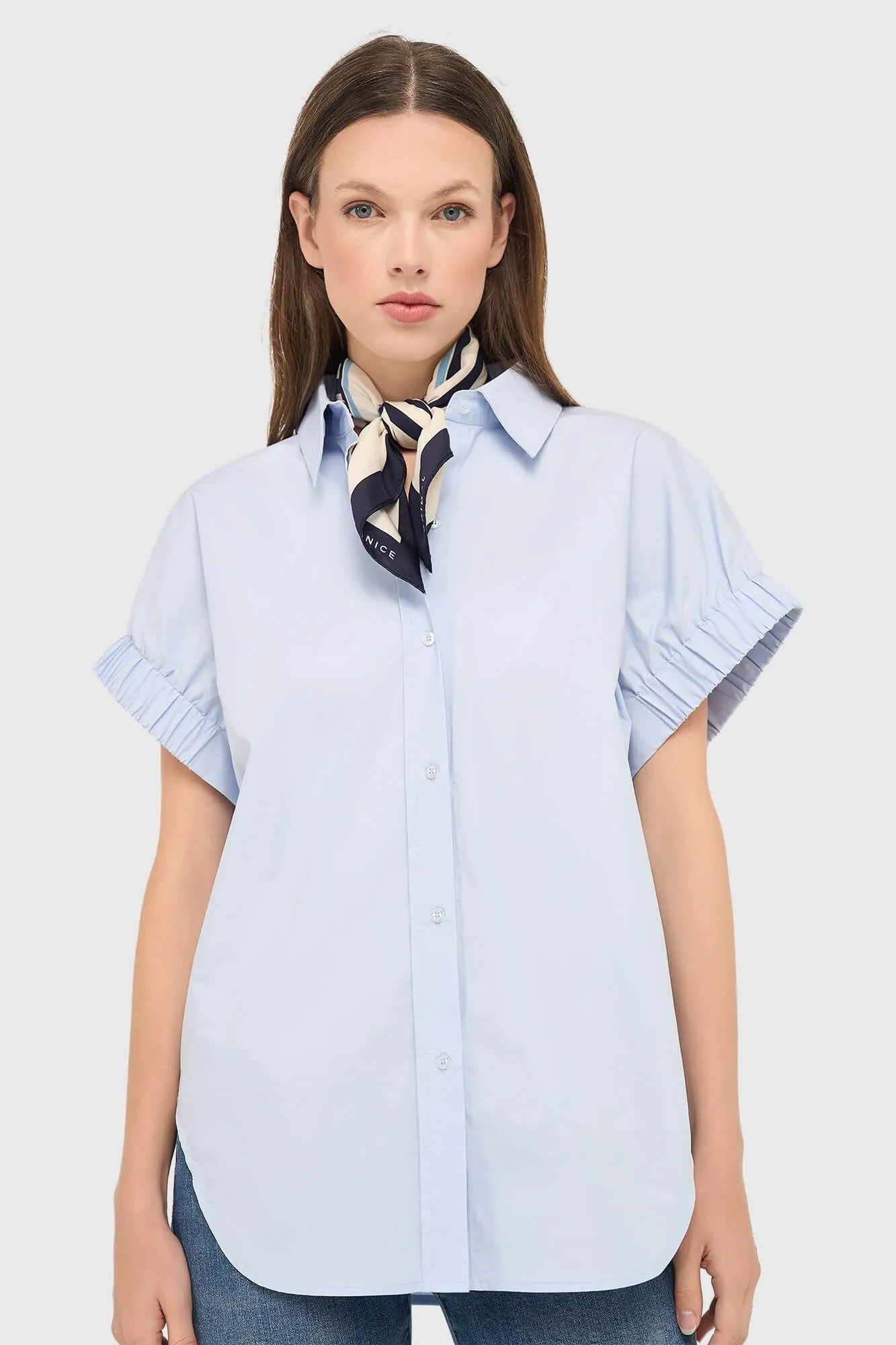 Blauwe Katoenen Dames Blouse Korte Mouw Yaro