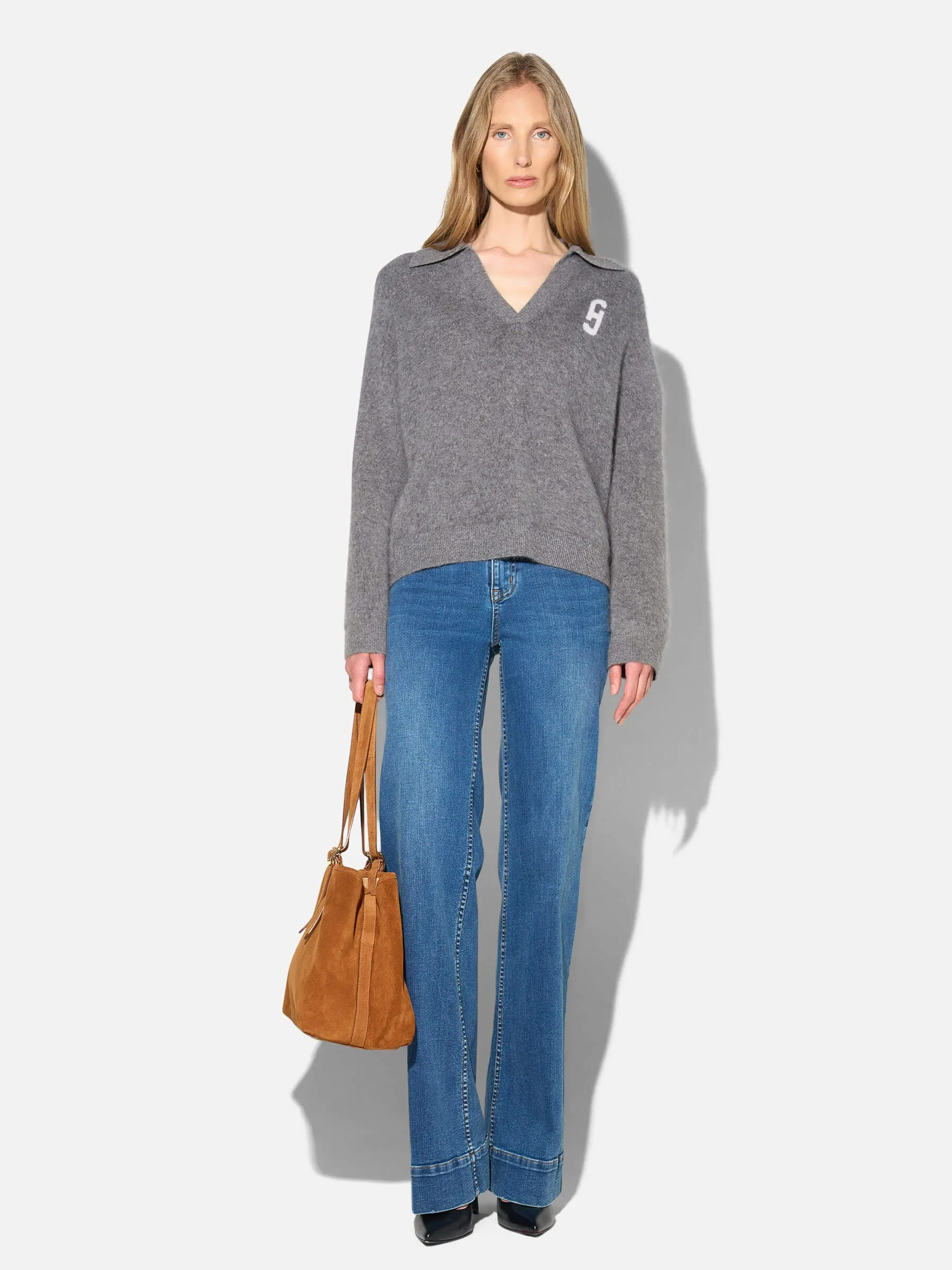 Polo Hals Dames Trui Merino Wol Cashmere Resort Grijs