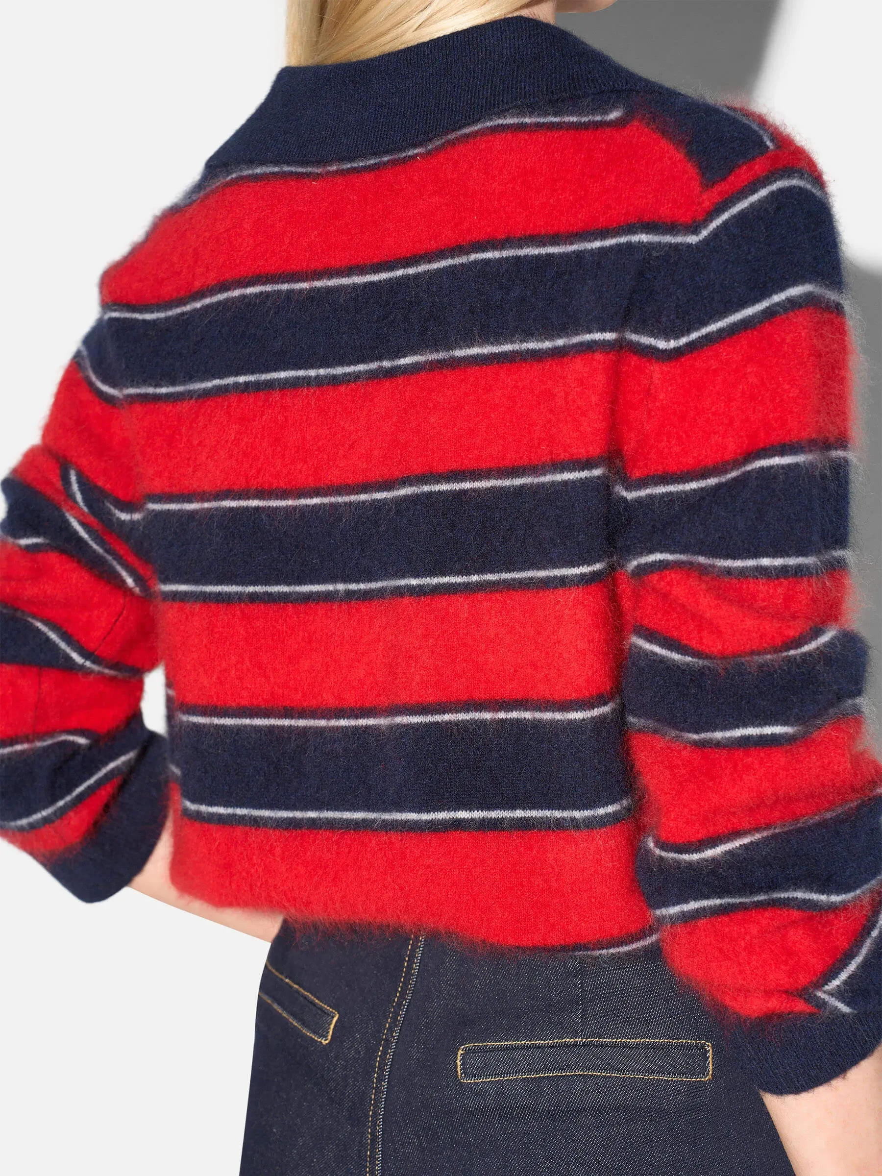 Polo Hals Dames Trui Merino Wol Cashmere Resort Rood Strepen