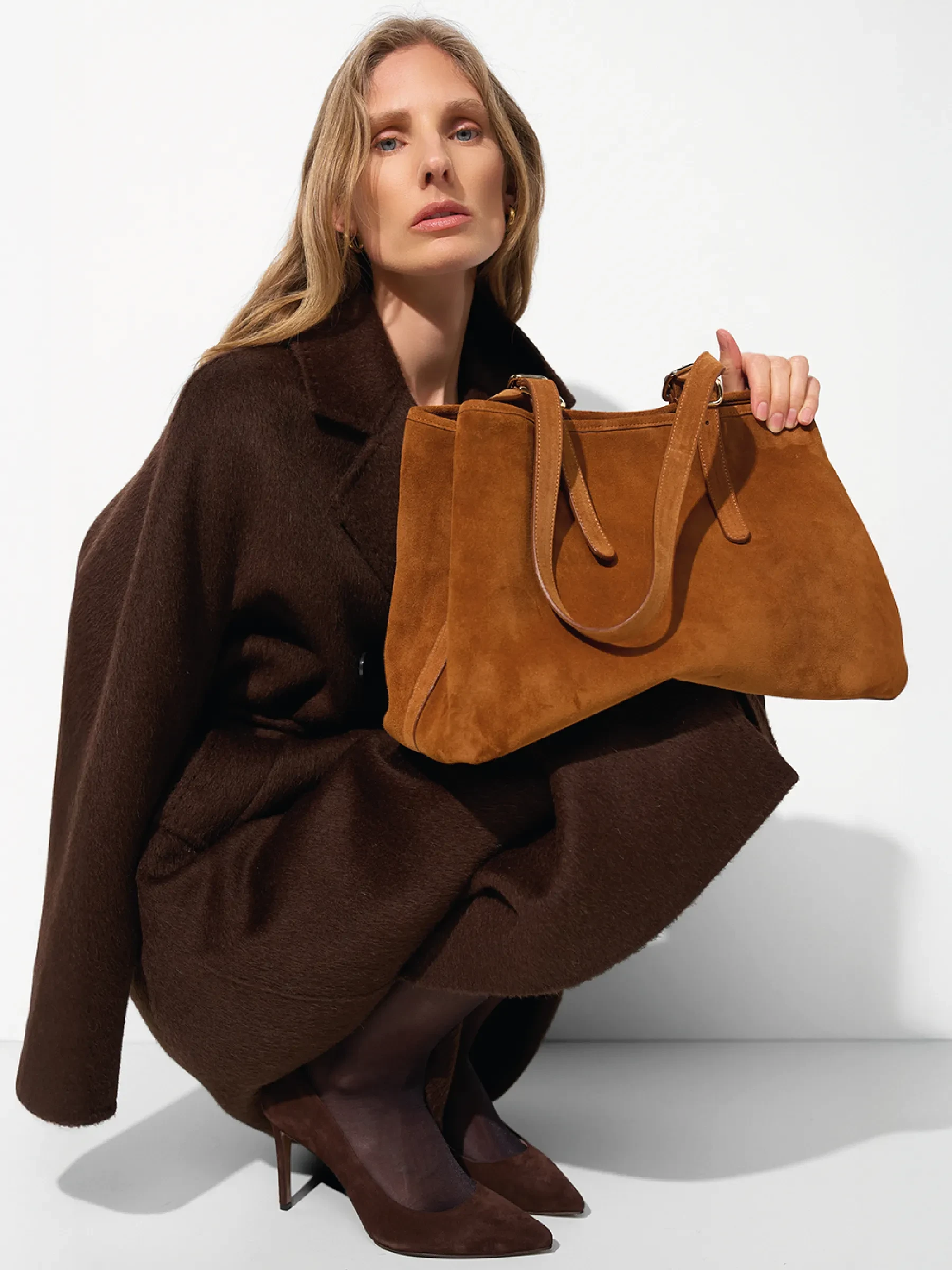 Suede Leren Dames Handtas Shopper Harper Cognac