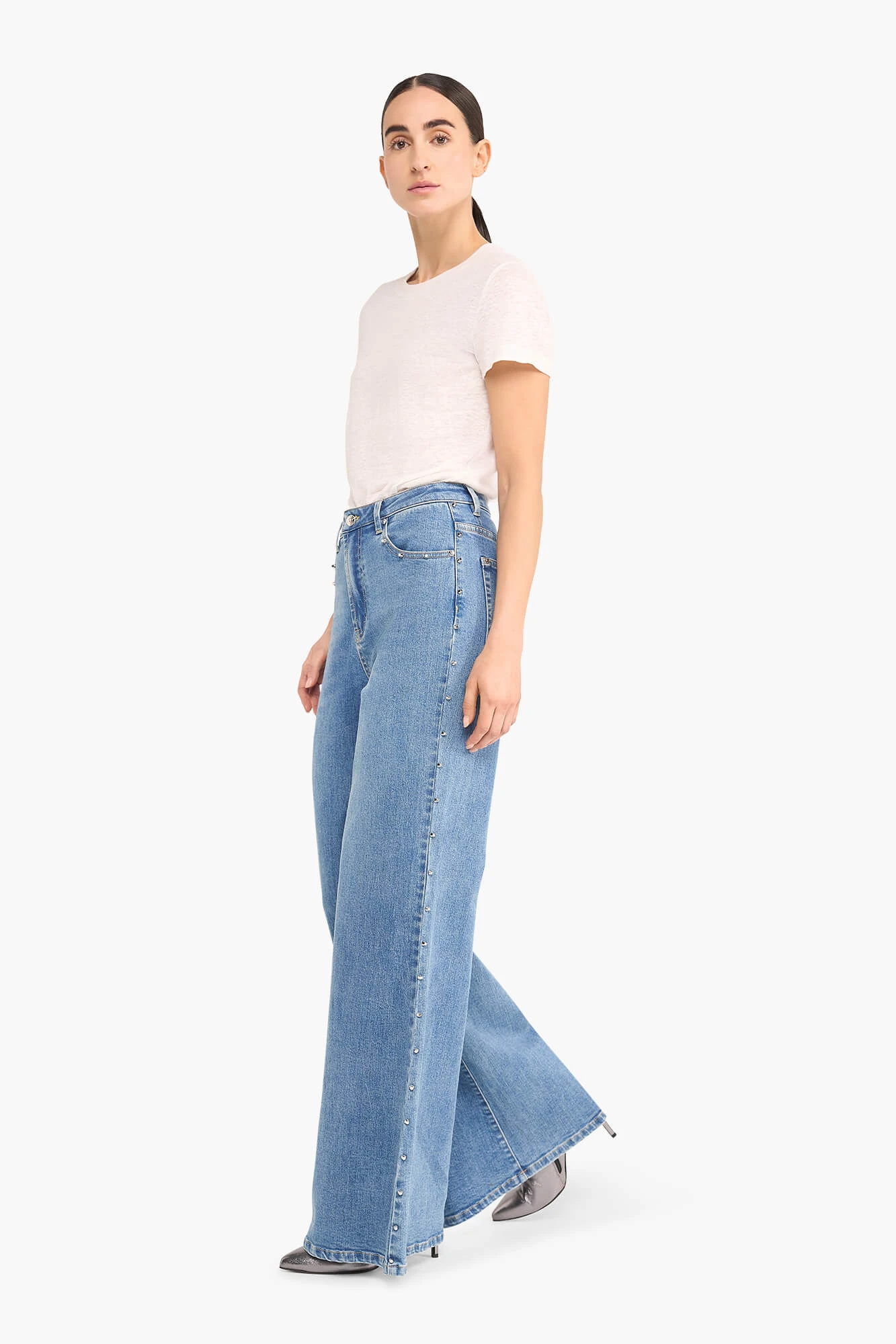 High Rise Wijde Leg Jeans Studs Mason Blauw 028