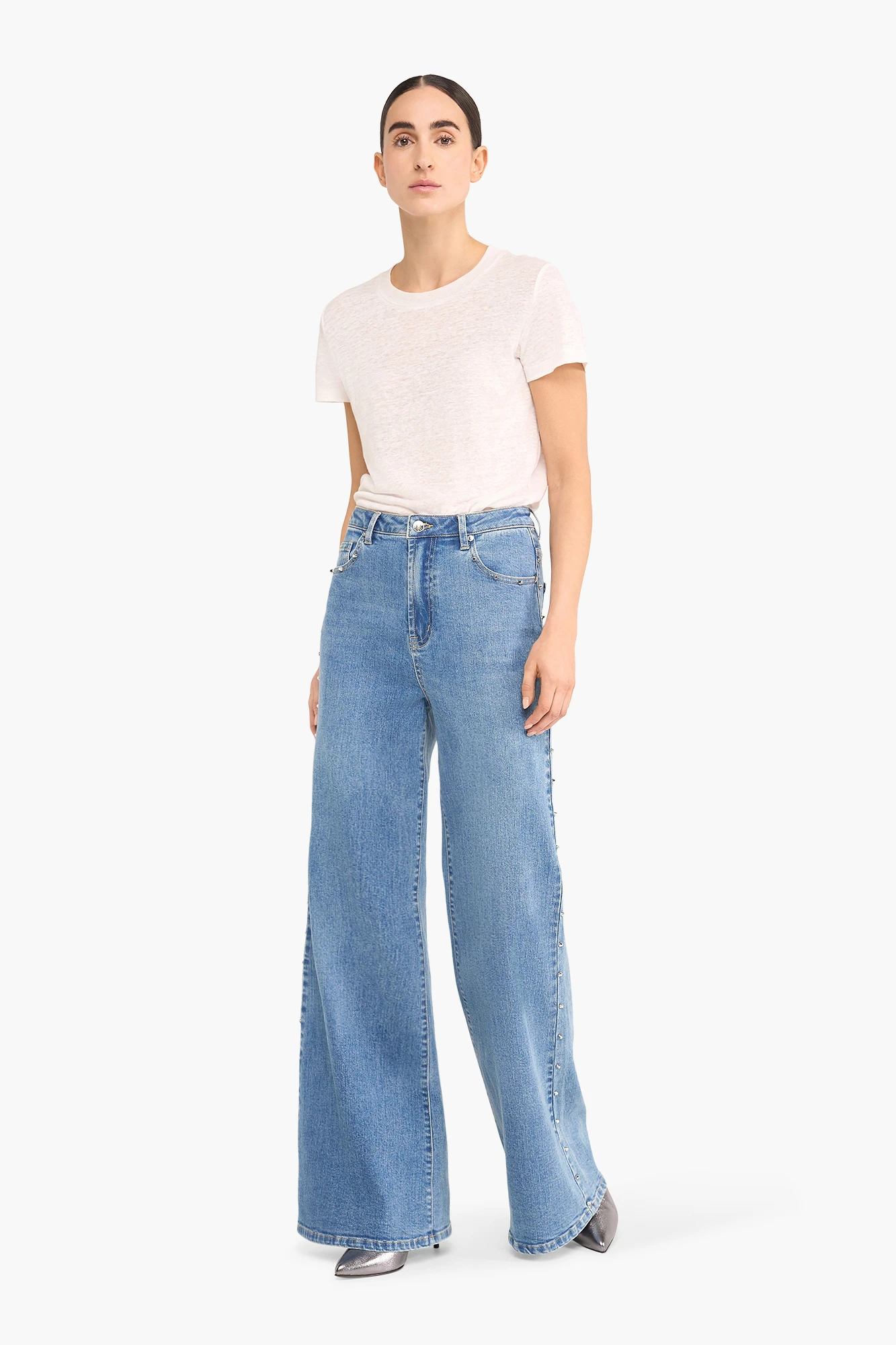 High Rise Wijde Leg Jeans Studs Mason Blauw 028