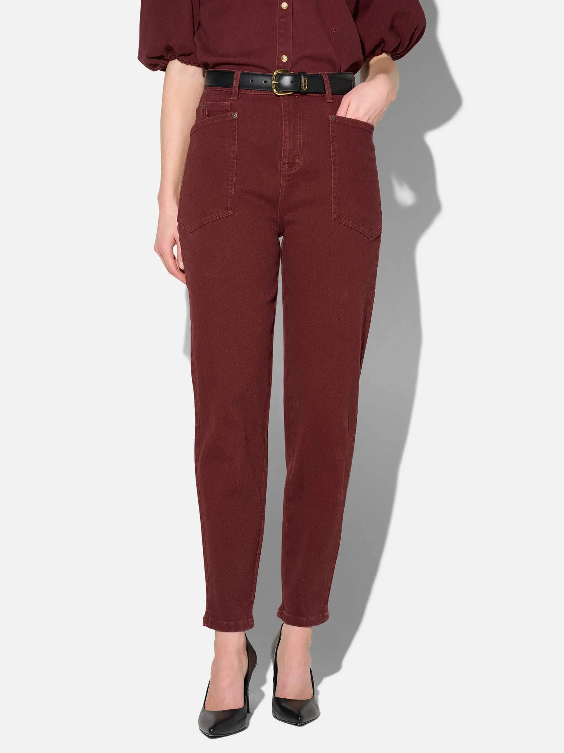 Worker Jeans Dames Barrel Fit Stretch Mid Rise Morrison Burgundy